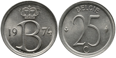 Бельгия 25 сантимов 1974 Belgie, Бодуэн I (1951-1993) KM 154.1 медно-никель 99-362
