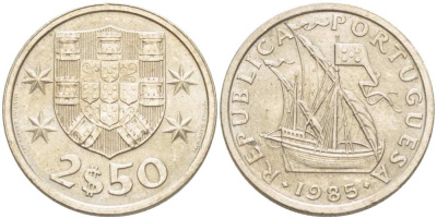ПОРТУГАЛИЯ 2,5 ЭСКУДО 1985 ПАРУСНИК KM 590 медно-никель XF+ 4513-1211