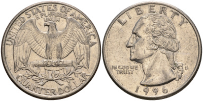 США 25 центов (квотер) 1996 D, Вашингтон KM А164а медь плакированная медно-никелем    4603-1012