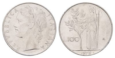 Италия 100 лир 1975 R, Афина у оливкового дерева KM 96.1 нержавеющая сталь 186-1024