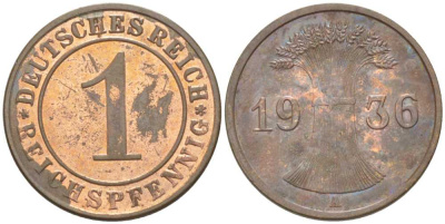 ГЕРМАНИЯ 1 РЕЙХСПФЕННИГ 1936 A KM 37, J. 313, Weege 2 бронза 206-852