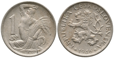 ЧЕХОСЛОВАКИЯ 1 КРОНА 1946 ЖЕНЩИНА СО СНОПОМ И СЕРПОМ KM 19 медно-никель 24-1142