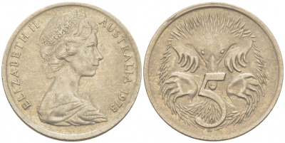 АВСТРАЛИЯ 5 ЦЕНТОВ 1973 ЕЛИЗАВЕТА II, МОЛОДОЙ ПОРТРЕТ, ЕХИДНА KM 64 медно-никель UNC 3851-1126