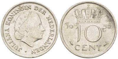 НИДЕРЛАНДЫ 10 ЦЕНТОВ 1958 ЮЛИАНА (1948-1980) KM 182 никель 214-1147