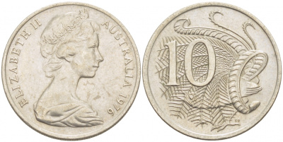 Австралия 10 центов 1976 Елизавета II (1952-), птица лирахвост KM 65 медно-никель UNC 3457-646