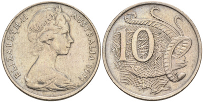 Австралия 10 центов 1971 Елизавета II (1952-), птица лирахвост KM 65 медно-никель 4566-455