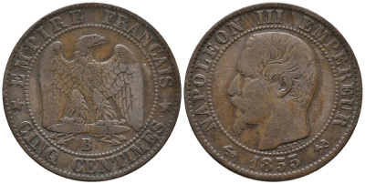 ФРАНЦИЯ 5 САНТИМОВ 1855 В, НАПОЛЕОН III (1852-1870) KM 777.2, LA FRANC 116.19 бронза 34-1214
