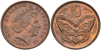 Новая Зеландия 10 центов 2006 Елизавета II (1952-2022), маска маори KM 117а сталь плакированная медью 113-545