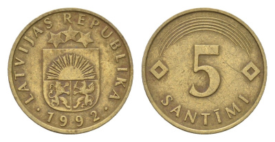 Латвия 5 сантимов 1992 KM 16 никель латунь 105-563