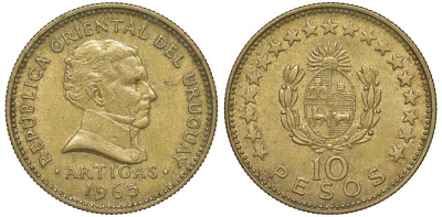 Уругвай 10 песо 1965 KM 48 алюминиевая бронза 4572-1141