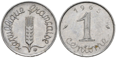 Франция 1 сантим 1965 KM 928, Le Franc 106.10 хромированная сталь 4564-763