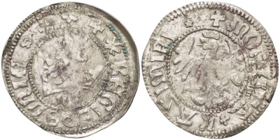 Польша 1/2 гроша (полугрош) 1445-1492 Казимир IV династия Ягеллонов (1442-1495), вес 1,29 гр., под короной МК Gum. v451 серебро 1517-524