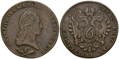 Австрия 6 крейцеров 1800 S, Франц II (Франц Иосиф Карл) (1792-1806) KM 2128, Herinek 1031 медь 4557-215