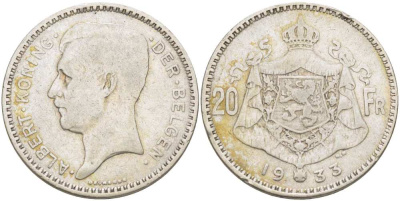 Бельгия 20 франков 1933 Альберт I (1909-1934), BELGEN KM 104.1 серебро 4512-1041