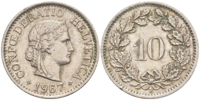 ШВЕЙЦАРИЯ 10 РАППЕНОВ 1967 В KM 27 медно-никель 55-352