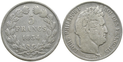 Франция 5 франков 1834 B, Луи Филипп I (1830-1848) KM 749.2 серебро 1066-7-51