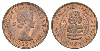 Новая Зеландия 1/2 пенни 1963 Елизавета II (1952-2022), божество Хей-Тики KM 23.2 бронза UNC 4671-517