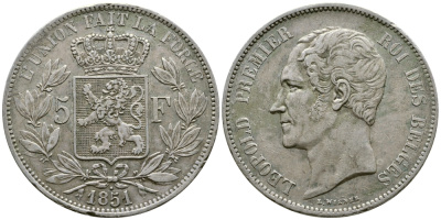 Бельгия 5 франков 1851 Леопольд I (1831-1865), точка над датой KM 17 серебро 633-441