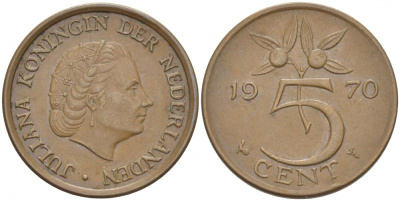 НИДЕРЛАНДЫ 5 ЦЕНТОВ 1970 ЮЛИАНА KM 181 бронза 214-822
