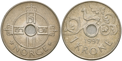 Норвегия 1 крона 1997 Харальд V (1992- ) KM 462 медно-никель 4364-2734