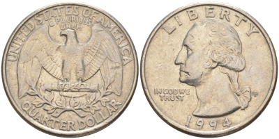 США 25 центов (квотер) 1994 P, Вашингтон KM A164a медь плакированная медно-никелем 4114-935