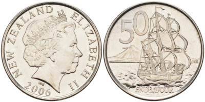 Новая Зеландия 50 центов 2006 Елизавета II (1952-2022), парусник Индевор KM 119 a никель плакированный сталью UNC 4126-1252