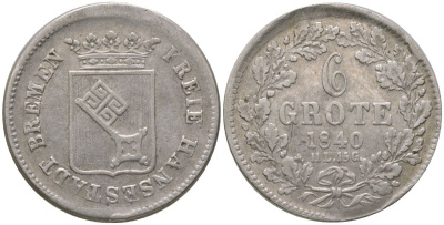 Бремен 6 гротенов 1840 KM 231 серебро 4525-127