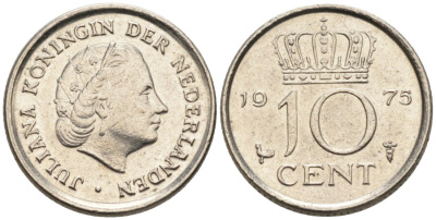 Нидерланды 10 центов 1975 Юлиана (1949-1980) КМ 182 никель 4567-557