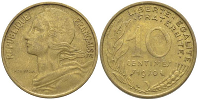 ФРАНЦИЯ 10 САНТИМОВ 1970 ТИП MARIANNE KM 929, LE FRANC 144.10 медь алюминий никель 116-118