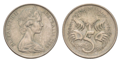 Австралия 5 центов 1980 Елизавета II (1952-2022) молодой портрет, ехидна KM 64 медно-никель 4655-1269