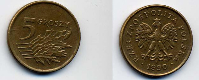 ПОЛЬША 5 ГРОШЕЙ 1990 KM 278 латунь 58-1137