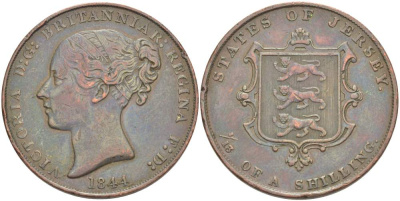 Джерси 1/13 шиллинга 1844 Виктория (1837-1901), большой формат KM 3 медь 4517-1012