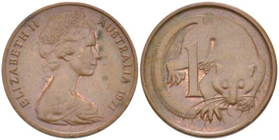 АВСТРАЛИЯ 1 ЦЕНТ 1971 ЕЛИЗАВЕТА II, МОЛОДОЙ ПОРТРЕТ, ОПОССУМ KM 62 бронза 99-831