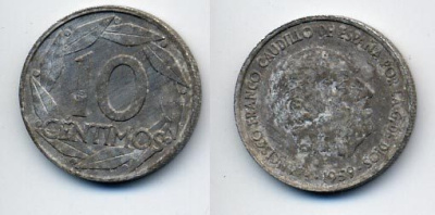 Испания 10 сентимо 1959 Франсиско Франко (1939-1975) KM 790 алюминий 54-1327