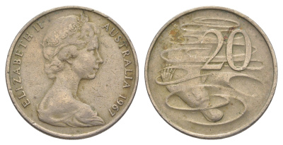 Австралия 20 центов 1967 Елизавета II (1952-2022), утконос KM 66 медно-никель 4384-721