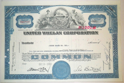 США, UNITED WHELAN CORPORATION 1000 акций 1958 США бумага 00-00