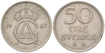 Швеция 50 эре 1967 U, Густав VI Адольф (1950-1973) KM 837 медно-никель 4618-118
