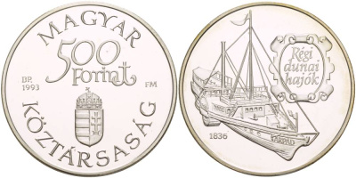Венгрия 500 форинтов 1993 старый дунайский корабль "ARPAD" KM 702 серебро PROOF 1081-6-33