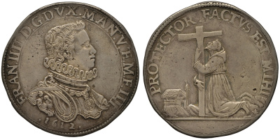 Мантуя 1 дукатон 1612 Франческо IV Гонзага, Святой Франциск Асизский, реставрация  Dav. 3931, Bignotti 7 (R2) серебро 00-000-00