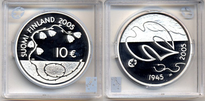 Финляндия 10 евро 2005 60 лет мира в Европе, голубь мира KM 120 серебро PROOF 5-3-1-45