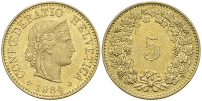 ШВЕЙЦАРИЯ 5 РАППЕНОВ 1984 KM 26с алюминий латунь 105-956