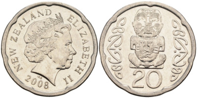 Новая Зеландия 20 центов 2008 Елизавета II (1952-2022), идол Пукаки KM 118а никелированная сталь 4579-1213