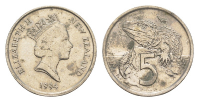 Новая Зеландия 5 центов 1994 Елизавета II (1952-2022), ящерица гаттерия KM 60 медно-никель 4651-224