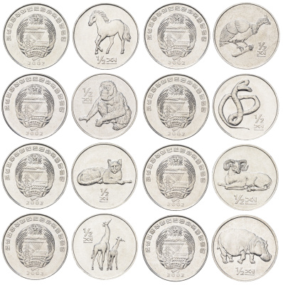КНДР (Северная Корея) полный набор из 8 монет (1/2 чона) 2002 мир животных - включая Толсторога KM 183, 184, 185, 186, 187, 188, 189 и 190 алюминий UNC 4662-511-521