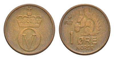Норвегия 1 эре 1967 Улаф V (1957-1991) KM 403 бронза 4632-1118