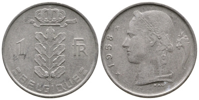 БЕЛЬГИЯ 1 ФРАНК 1958 BELGIQUE KM 142.1 медно-никель 4382-953