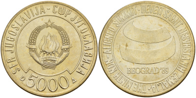 Югославия 5000 динаров 1989 саммит в Белграде, в оригинальной упаковке KM 135 медно-никель PROOF 4-3-4-50