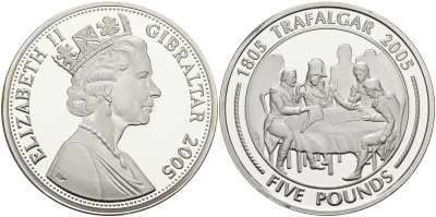 Гибралтар 5 фунтов 2005 Трафальгарское сражение, генеральский совет серебро PROOF 1095-1-62
