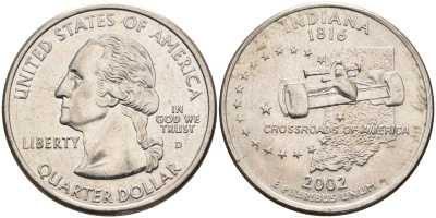 США 25 центов = квотер 2002 D, серия штаты США, Индиана KM 334 медь плакированная медно-никелем 4586-155