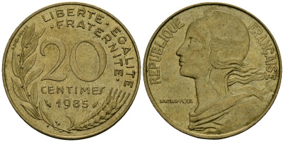Франция 20 сантимов 1985 тип Marianne KM 930 медь алюминий никель 4135-623